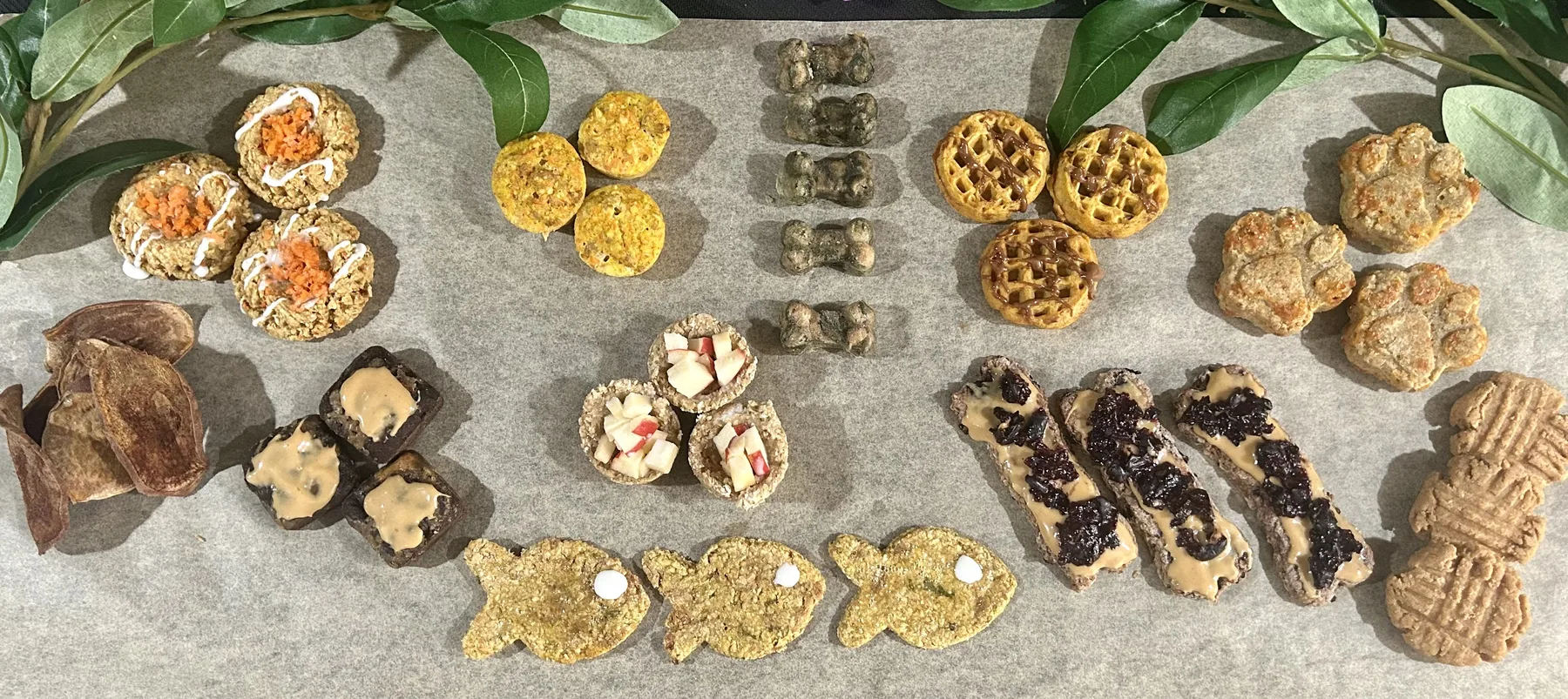 A spread of ReNae’s homemade Bark Bites treats: carrot cake, apple pie cups, chicken waffles, cheesy paws and more